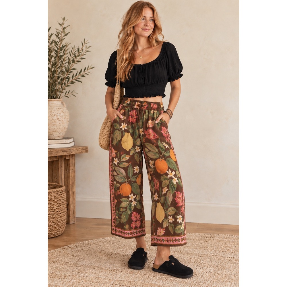 Island Casuals Black Smocked Peasant Crop Top Puff Sleeve Boho Cottagecore